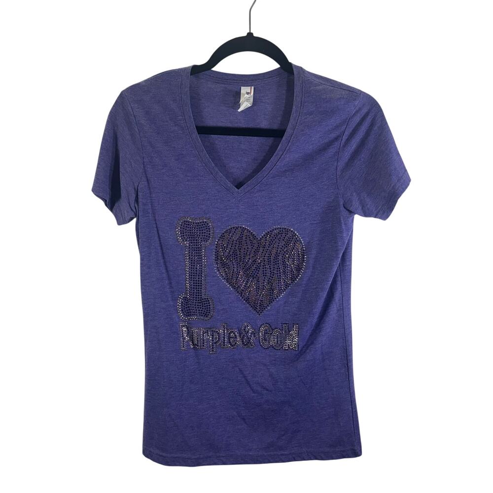 Purple & Gold Rhinestone V-Neck Tee Shirt LSU Colors Women's Small Bling Top